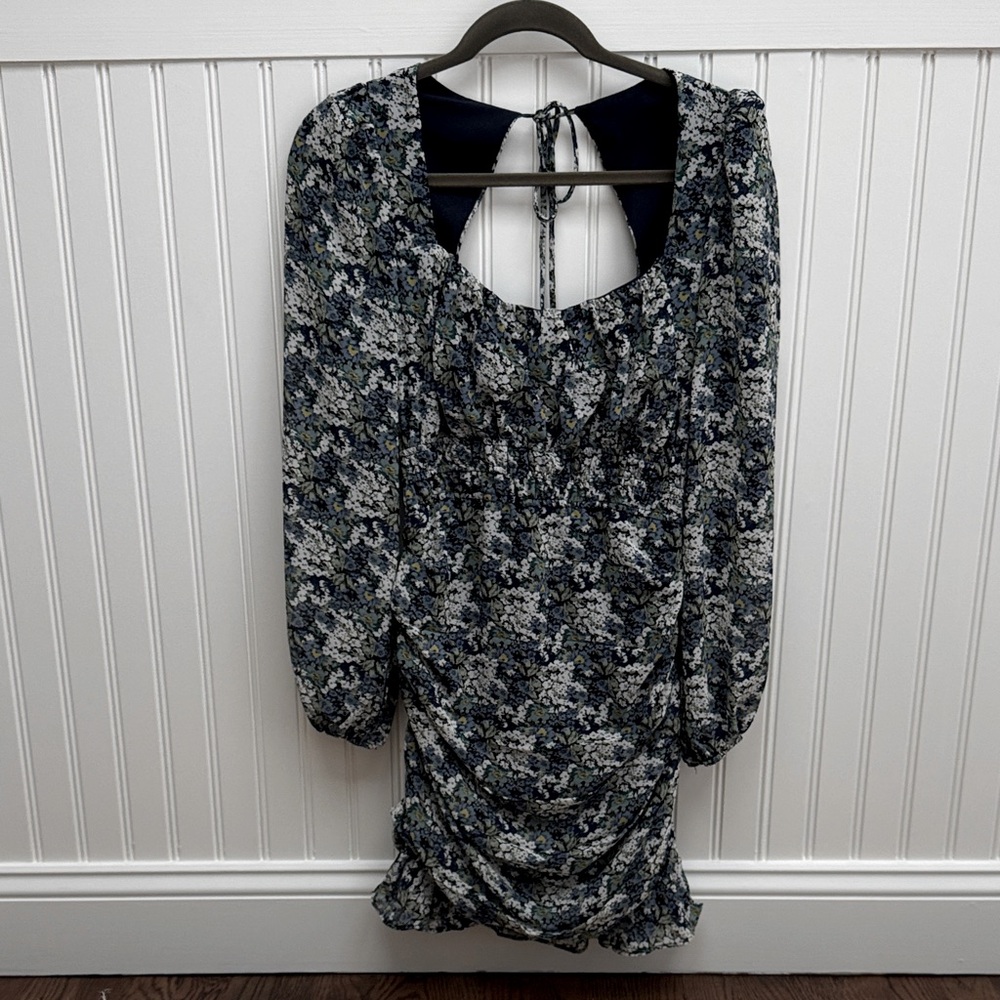 Astr Navy and White Floral Long Sleeve Dress
